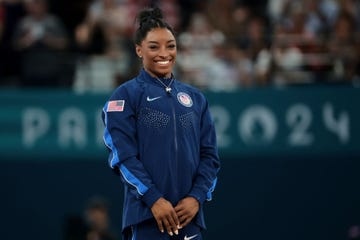 paris, france august 01 gold medalist simone biles of team united states poses on the podium during the artistic gymnastics womens all around final medal ceremony on day six of the olympic games paris 2024 at bercy arena on august 01, 2024 in paris, france photo by jean catuffegetty images
