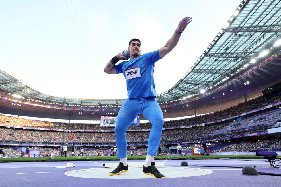 paris, france august 02 editors note image was captured using a remote camera leonardo fabbri of team italy competes during the mens shot put qualification on day seven of the olympic games paris 2024 at stade de france on august 02, 2024 in paris, france photo by michael steelegetty images