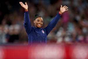 paris, france august 03 gold medalist simone biles of team united states celebrates on the podium during the medal ceremony for the artistic gymnastics womens vault final on day eight of the olympic games paris 2024 at bercy arena on august 03, 2024 in paris, france photo by julian finneygetty images