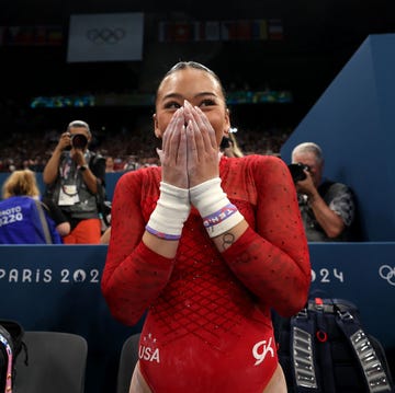 Artistic Gymnastics - Olympic Games Paris 2024: Day 9 paris, france august 04 sunisa lee of team united states celebrates winning the bronze medal during the artistic gymnastics womens uneven bars final on day nine of the olympic games paris 2024 at bercy arena on august 04, 2024 in paris, france photo by jamie squiregetty images