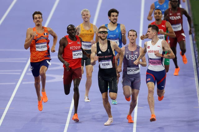 paris, france august 04 jakob ingebrigtsen of team norway, josh kerr of team great britain and cole hocker of team united states compete during mens 1500m semi final on day nine of the olympic games paris 2024 at stade de france on august 04, 2024 in paris, france photo by michael steelegetty images