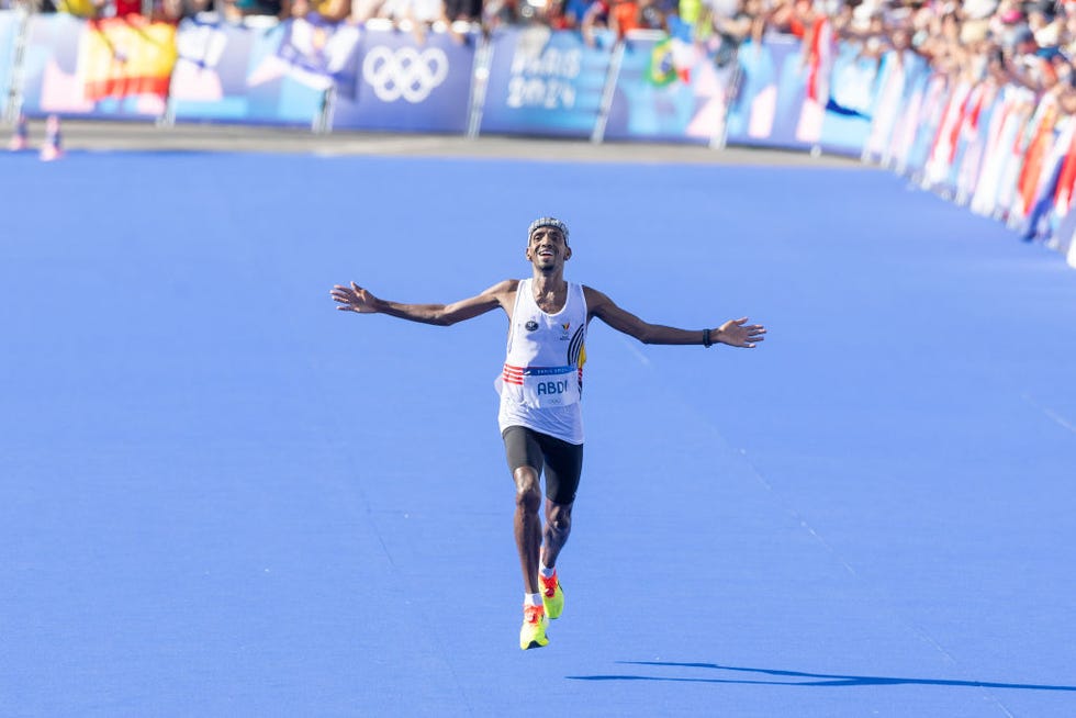 paris, france august 10 bashir abdi of belgium comes second in the mens marathon on day fifteen of the olympic games paris 2024 at esplanade des invalides on august 10, 2024 in paris, france photo by steve christo corbiscorbis via getty images