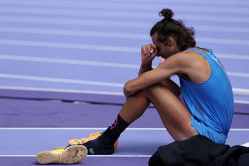 paris, france august 07 gianmarco tamberi of team italy shows his dejection after competing in the mens high jump qualification on day twelve of the olympic games paris 2024 at stade de france on august 07, 2024 in paris, france photo by cameron spencergetty images