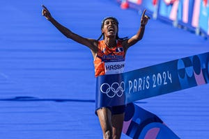 paris, france august 11 sifan hassan of the netherlands celebrates as she finishes first and wins a gold medal while setting a new olympic record competing in the womens marathon during day 16 of athletics marathon olympic games paris 2024 at esplanade des invalides on august 11, 2024 in paris, france photo by andre weeningbsr agencygetty images