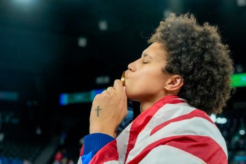 paris, france august 11 brittney griner of united states kisses her gold medal after winning the womens gold medal game, game 52, france vs united states of america on day sixteen of the olympic games paris 2024 at arena bercy on august 11, 2024 in paris, france photo by daniela porcellieurasia sport imagesgetty images