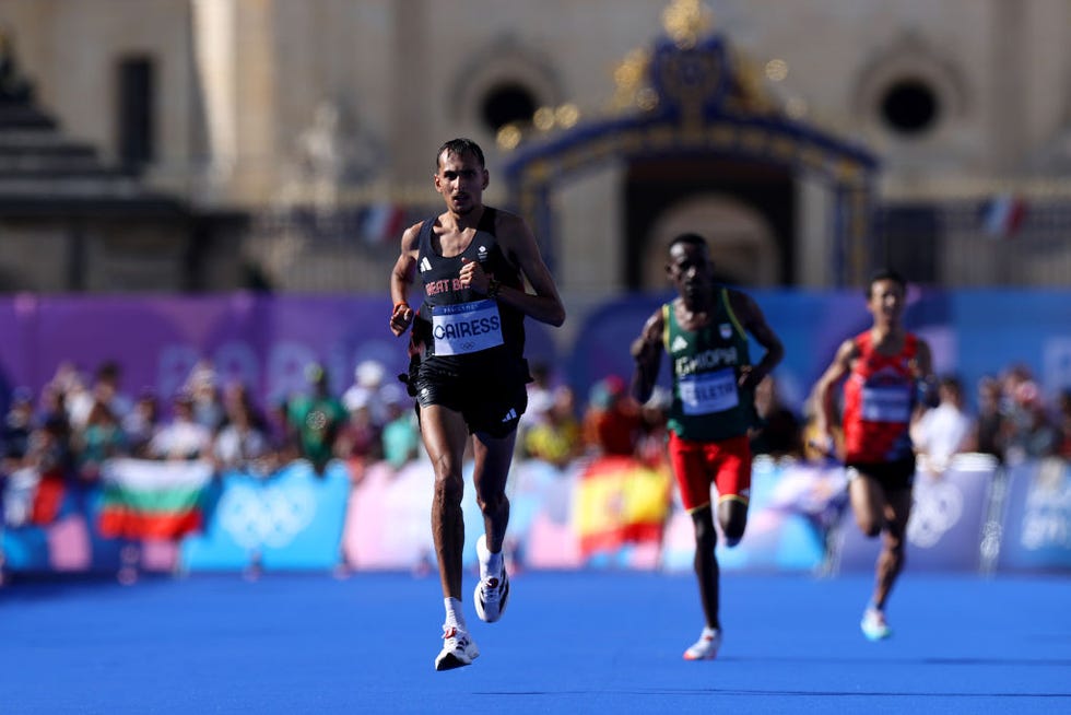 paris, france august 10 emile cairess of team great britain runs towards the finish line to finish fourth during the mens marathon on day fifteen of the olympic games paris 2024 at esplanade des invalides on august 10, 2024 in paris, france photo by michael steelegetty images