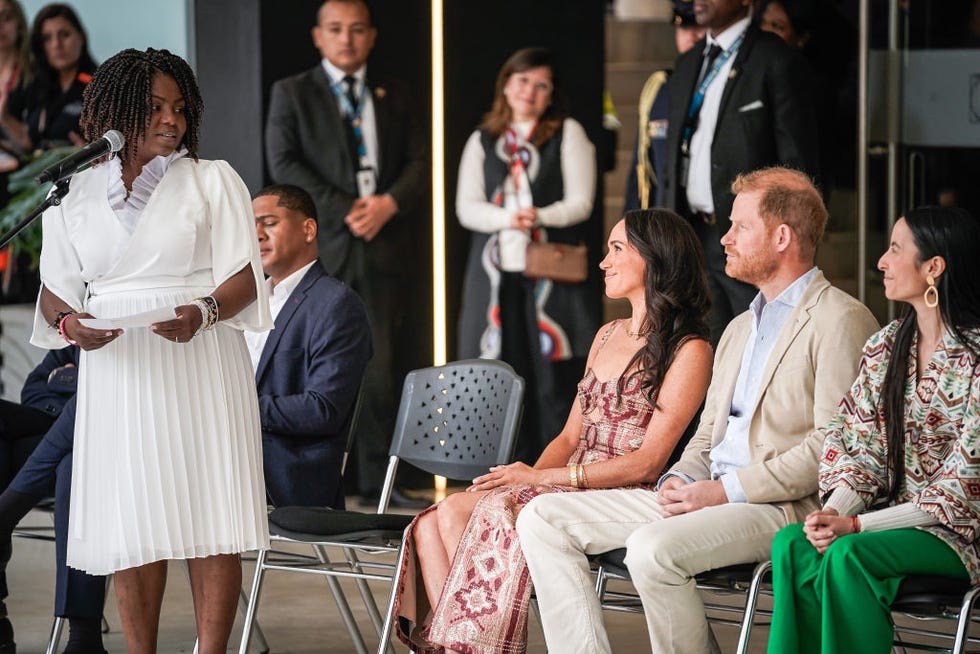 Bogota, Colombia, August 15, Vice President of Colombia Francia Márquez welcomes Prince Harry, Duke of Sussex and Meghan, Duchess of Sussex at the Centro Nacional de las Artes Delia Zapata in Colombia on August 15, 2024, Photo by Diego Cuevasgetty Images