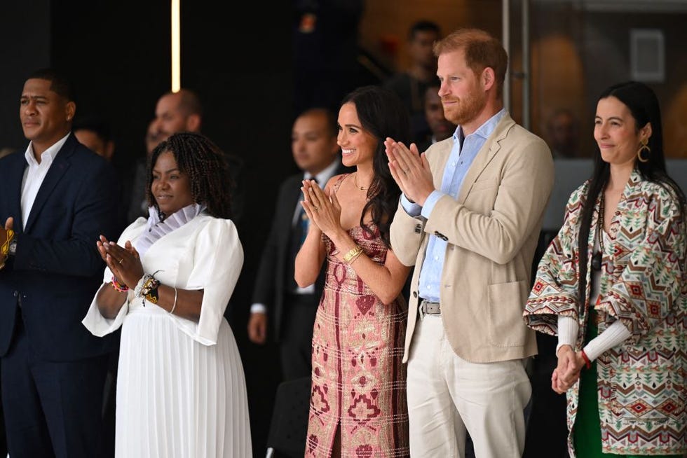 Britain's Prince Harry (2nd from right), Duke of Sussex, and his wife Meghan Markle, Colombia's Vice President Francia Marquez (2nd from left) and her partner Yerney Pinillo, and the director of the National Center for the Arts Xiomara Suescun attend a performance at the center in Bogotá on August 15, 2024. Prince Harry and his wife, American actress Meghan Markle, came to Colombia at the invitation of Marquez, with whom they will participate in various meetings with women and young people to reject discrimination and cyberbullying. Photo by Raul Arboleda (AFP). Photo by Raul Arboleda (AFP) via Getty Images