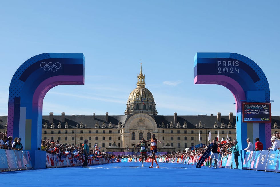 Paris, France, August 11: Sifan Hassan of Team Netherlands crosses the finish line first during the Women's Marathon on Day 16 of the Paris 2024 Olympic Games at the Esplanade des Invalides on August 11, 2024 in Paris, France. Photo: Cameron SpencerGetty Images