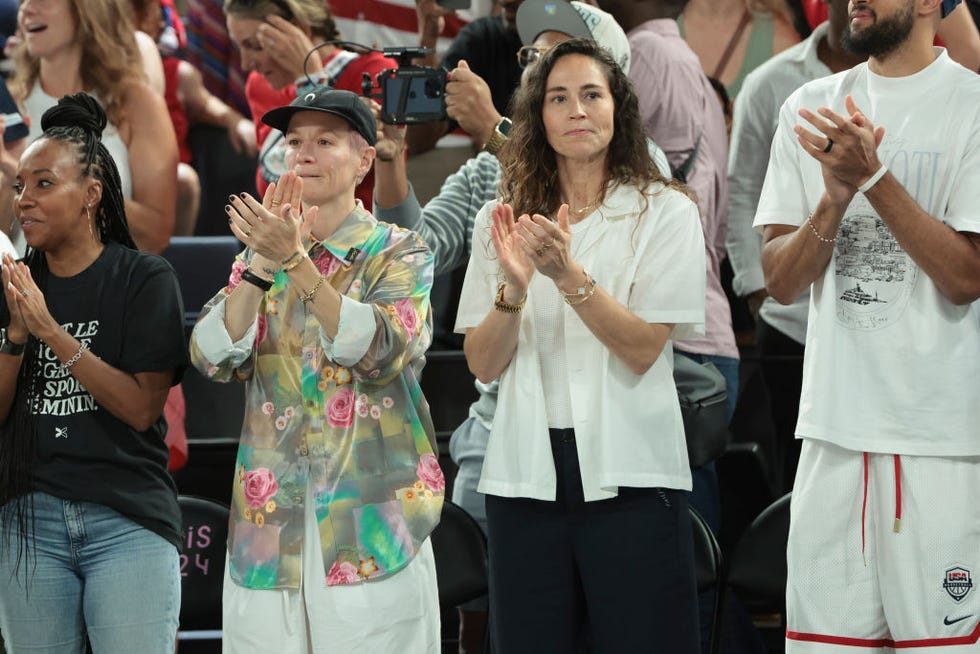 Paris, France, August 11. Megan Rapinoe and Sue Bird celebrate the victory of the US team after the women's basketball gold medal game between the French team and the US team on day 16 of the Paris 2024 Olympic Games at Bercy Arena on August 11, 2024 in Paris, France. Photo: Jean Catuffegetty Images