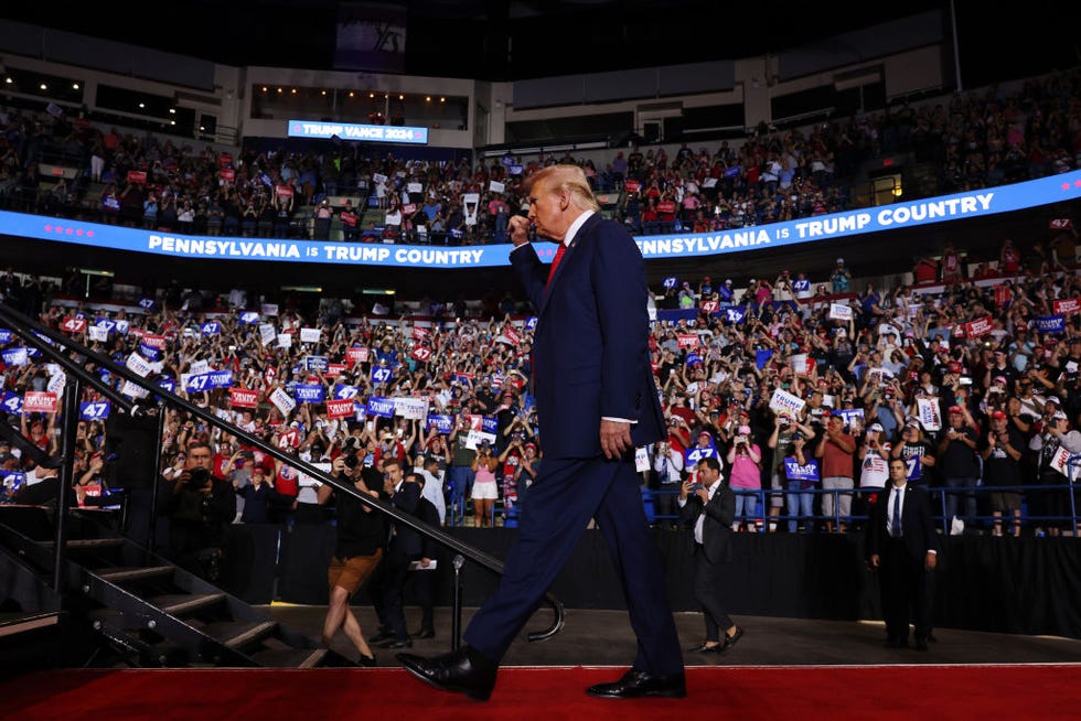 wilkes barre, pennsylvania august 17 republican presidential candidate former us president donald trump takes the stage during a campaign rally at mohegan sun arena at casey plaza on august 17, 2024 in wilkes barre, pennsylvania trump held a rally in the battleground state of pennsylvania, a key swing state in the 2024 presidential election against democratic presidential candidate us vice president kamala harris photo by michael m santiagogetty images