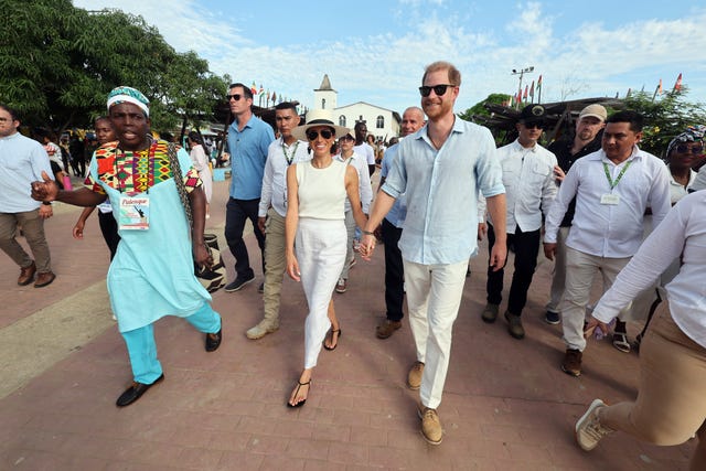 Cartagena, Colombia August 17 Meghan, Duchess of Sussex and Prince Harry, Duke of Sussex, at San Basilio de Palenque during the Duke and Duchess of Sussex's visit to Colombia on August 17, 2024 in Cartagena, Colombia Photo by Eric Charbonneau Archuel Foundation via Getty Images