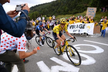 evita muzic of france and team fdj suez and katarzyna niewiadoma of poland and team canyon sram racing yellow leader jersey compete in the chase group during the 3rd tour de france femmes 2024, stage 8