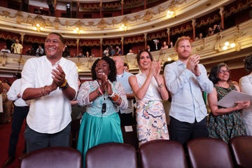 cali, colombia august 18 yerney pinillo, colombia vice president francia márquez, meghan, duchess of sussex and prince harry, duke of sussex attend the afro descendant women and power voice of equity at the teatro municipal on august 18, 2024 in cali, colombia photo by eric charbonneauarchewell foundation via getty images