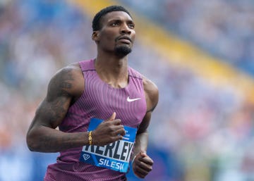 fred kerley of the united states reacts after men's 100m run during the diamond league and kamila skolimowska memorial in chorzow, poland, 25 august 2024. (photo by andrzej iwanczuk/nurphoto via getty images)