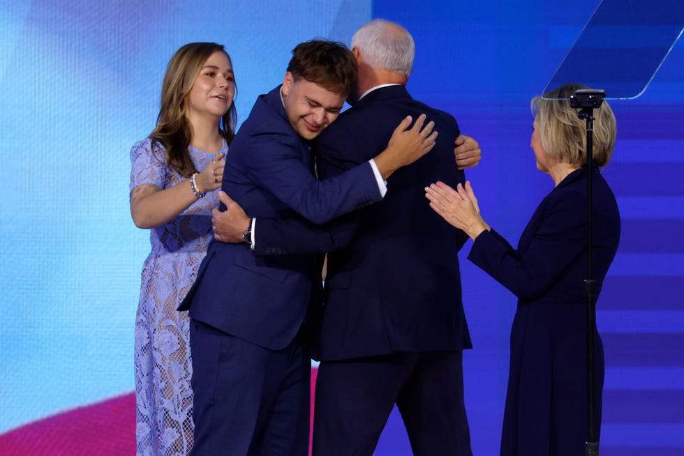 chicago, illinois august 21 democratic vice presidential nominee minnesota gov tim walz celebrates with his daughter hope walz l, son gus walz 2nd l and wife gwen walz r after accepting the democratic vice presidential nomination on stage during the third day of the democratic national convention at the united center on august 21, 2024 in chicago, illinois delegates, politicians, and democratic party supporters are in chicago for the convention, concluding with current vice president kamala harris accepting her partys presidential nomination the dnc takes place from august 19 22 photo by chip somodevillagetty images