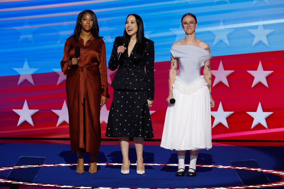 chicago, illinois august 22 l r helena hudlin, goddaughter of vice president kamala harris, meena harris, niece of vice president kamala harris, and ella emhoff, daughter of second gentleman doug emhoff and vice president kamala harris speak on stage during the final day of the democratic national convention at the united center on august 22, 2024 in chicago, illinois delegates, politicians, and democratic party supporters are gathering in chicago, as current vice president kamala harris is named her partys presidential nominee the dnc takes place from august 19 22 photo by chip somodevillagetty images