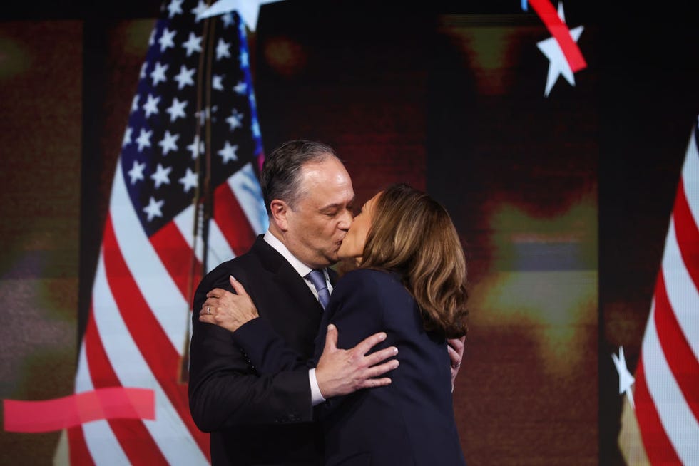 chicago, illinois august 22 second gentleman doug emhoff and democratic presidential nominee, us vice president kamala harris celebrate after she accepted the democratic presidential nomination during the final day of the democratic national convention at the united center on august 22, 2024 in chicago, illinois delegates, politicians, and democratic party supporters are gathering in chicago, as current vice president kamala harris is named her partys presidential nominee the dnc takes place from august 19 22 photo by justin sullivangetty images