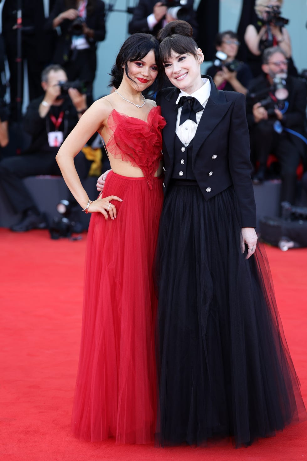 venice, italy august 28 jenna ortega and winona ryder attend a red carpet for the movie beetlejuice beetlejuice during the 81st venice international film festival at on august 28, 2024 in venice, italy photo by andreas rentzgetty images