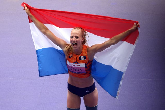 paris, france august 31 gold medalist, fleur jong of team netherlands celebrates with the national flag after winning the womens long jump t64 final on day three of the paris 2024 summer paralympic games at stade de france on august 31, 2024 in paris, france photo by ezra shawgetty images