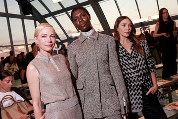 michelle williams, jodie turner smith and elizabeth olsen at tory burch rtw spring 2025 held at skylight at the refinery as part of new york ready to wear fashion week on september 9, 2024 in new york, new york photo by lexie morelandwwd via getty images