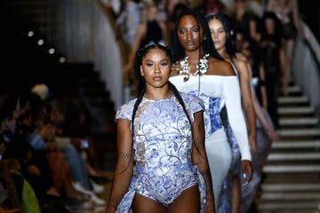 new york, new york september 07 olympic gymnast jordan chiles c and models walk the runway during the kim shui show during the september 2024 new york fashion week on september 07, 2024 in new york city photo by john lamparskigetty images