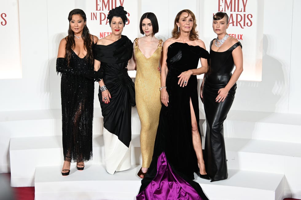 actress ashley park, marylin fitoussi, lily collins, philippine leroy beaulieu and camille razat on the red carpet of netflix series emily in paris 4 at the space cinema moderno rome italy, september 10th, 2024 photo by massimo insabatoarchivio massimo insabatomondadori portfolio via getty images