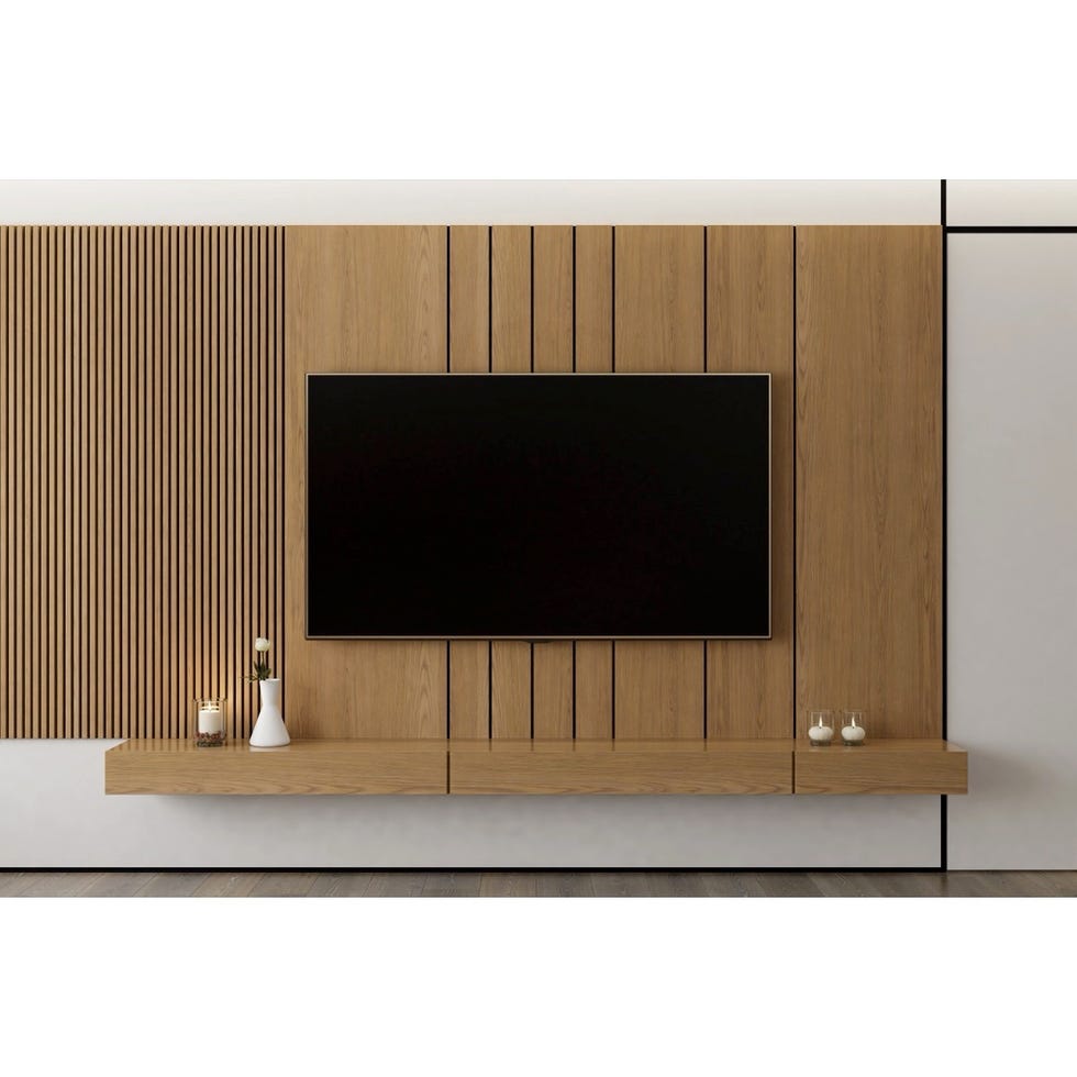 modern living room setup with a wallmounted television and wooden accent features