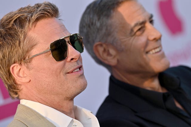 hollywood, california september 18 brad pitt and george clooney attend the los angeles premiere of the apple original film wolfs at tcl chinese theatre on september 18, 2024 in hollywood, california photo by axellebauer griffinfilmmagic