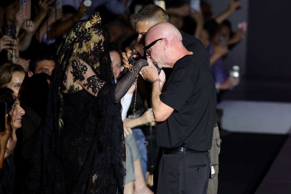 milan, italy september 21 madonna, domenico dolce and stefano gabbana are seen on the runway at the dolce  gabbana fashion show during the milan womenswear springsummer 2025 on september 21, 2024 in milan, italy photo by andreas rentzgetty images