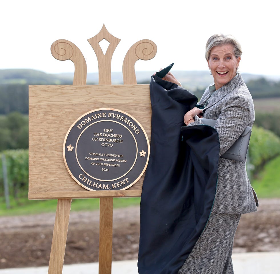 canterbury, england september 26 sophie, duchess of edinburgh unveils a plaque at the opening of the domaine evremond winery in front of the vineyard at domaine evremond on september 26, 2024 in canterbury, england photo by chris jacksongetty images