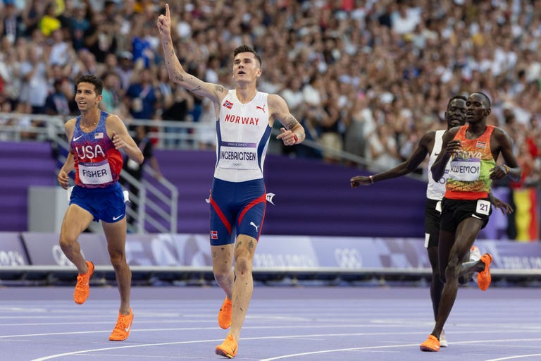 paris, france august 10: jakob ingebrigtsen of norway reacts after winning the gold medal in the mens 5000m final on day fifteen of the olympic games paris 2024 at stade de france on august 10, 2024 in paris, france. (photo by steve christo corbis/corbis via getty images)