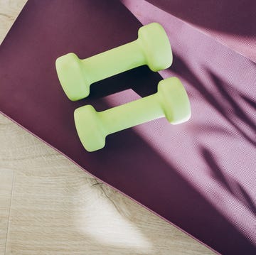 A pair of dumbbells on an exercise mat. Fitness, wellness and home work out concept a pair of dumbbells on an exercise mat fitness, wellness and home work out concept