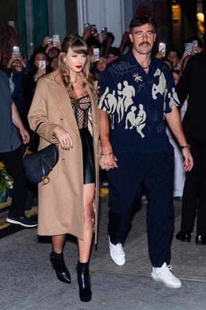 new york, new york october 11 taylor swift l and travis kelce are seen in soho on october 11, 2024 in new york city photo by thestewartofnygc images