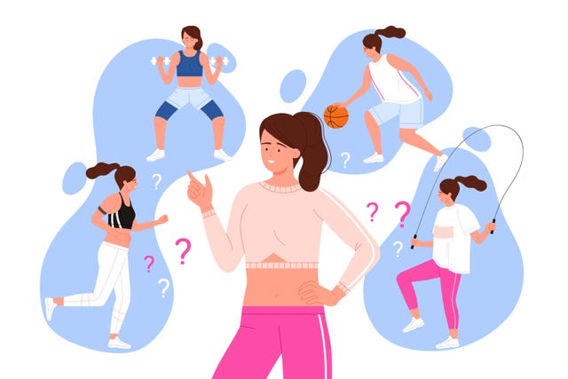 active girl thinking about variety of alternative physical exercises and games for training. young woman choosing between running, fitness and jumping rope, basketball cartoon vector illustration