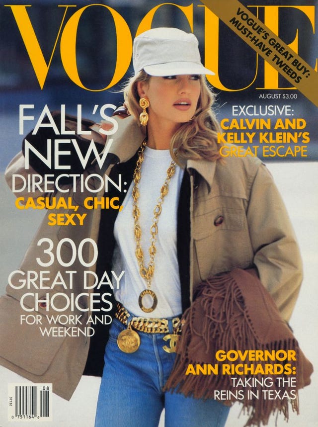 vogue august 1991 cover featuring model karen mulder in a white gap t shirt, guess jeans, chanel necklaces, barrera earrings, j crew cap, and hermes scarf photo by patrick demarchelierconde nast via getty images