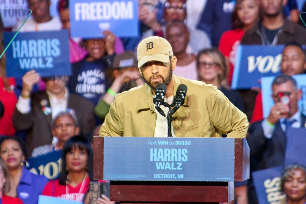 Rapper Eminem introduces former President Barack Obama at a rally for supporters of Vice President Kamala Harris 2024 presidential election in Detroit, Michigan, Tuesday, October 22, 2024 Photo by Dominic Gwynne Middle East Images Middle East Images via afp Photo by: Dominic Gwynn Middle East Images via afp Getty Images