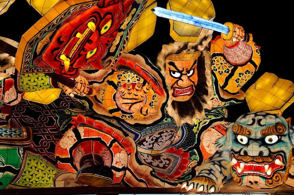 the aomori nebuta festival is designated as an important intangible folk cultural asset of japan. from august 2 to 7 every year, about 20 huge doll shaped floats made of paper and framed with wire are paraded through aomori city.