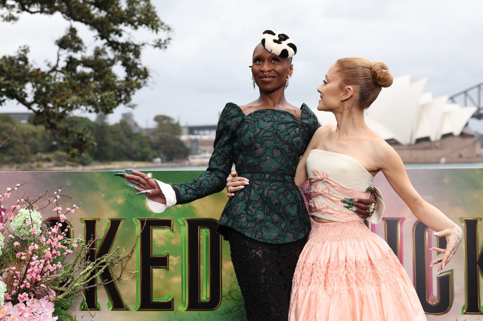 cynthia erivo and ariana grande pose for a photocall at mrs macquaries chair during the australian premiere of wicked at on november 05, 2024 in sydney, australia