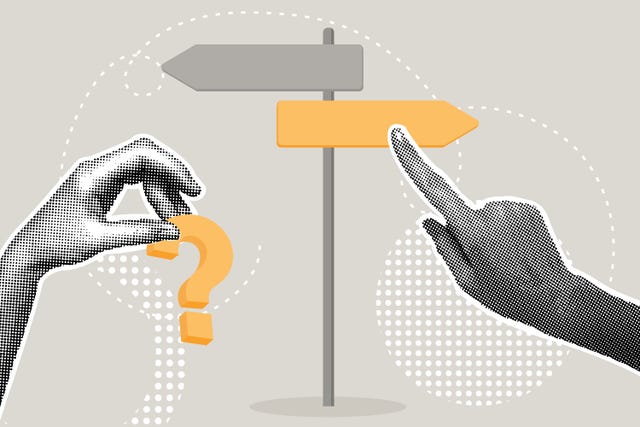 trendy halftone collage. concept of choice, make a decision left or right, ability to think in a difficult situation, question of choosing between 2 directions. illustration for web banner, social media banner. vector illustration