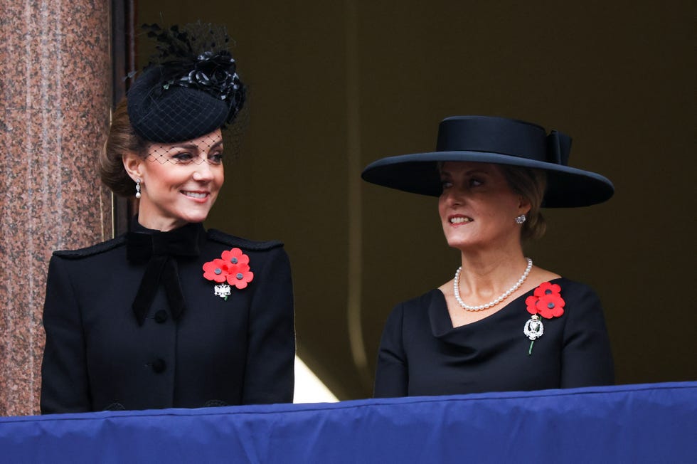 london, england november 10 catherine, princess of wales and sophie, duchess of edinburgh look on from a balcony the annual service of remembrance at the cenotaph on november 10, 2024 in london, england each year members of the british royal family join politicians, veterans and members of the public to remember those who have died in combat photo by toby melville wpa poolgetty images