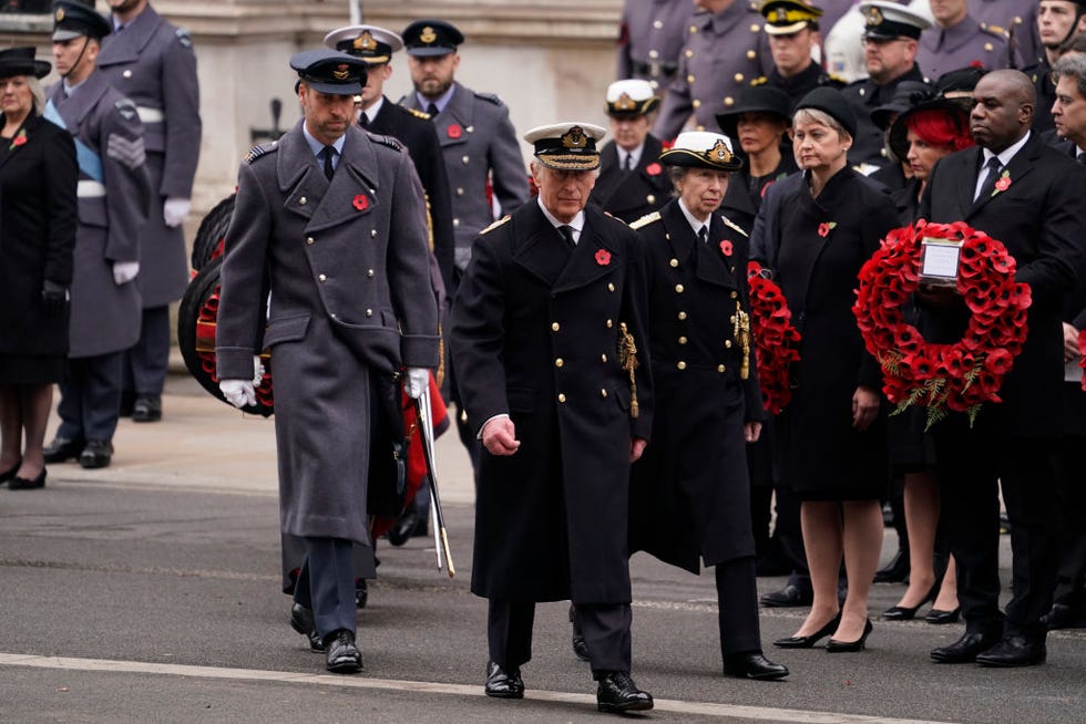 london, england november 10 king charles iii c with prince william l and princess anne, princess royal attend the annual service of remembrance at the cenotaph on november 10, 2024 in london, england each year members of the british royal family join politicians, veterans and members of the public to remember those who have died in combat photo by alberto pezzali wpa poolgetty images