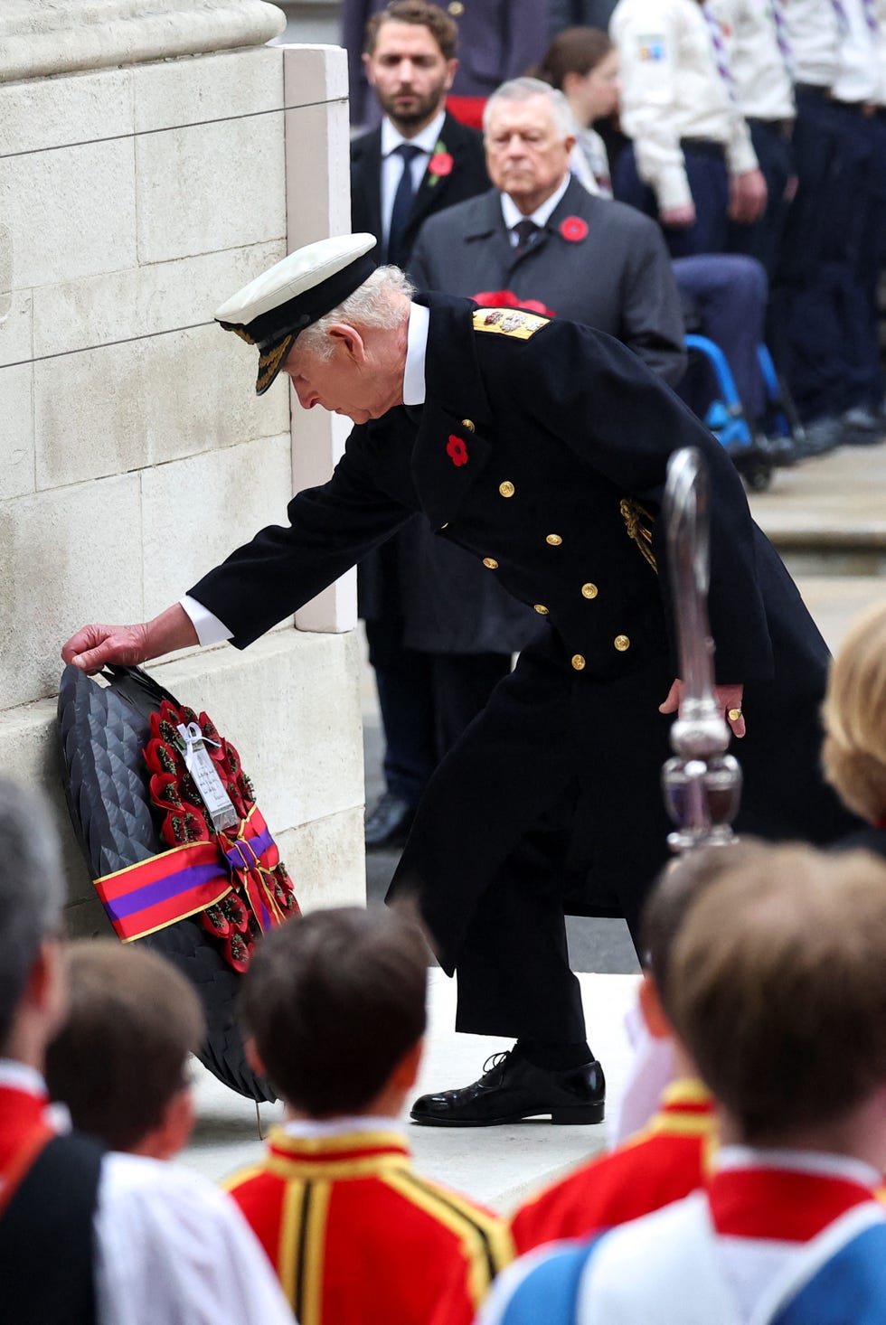 britains king charles iii lays a wreath during the remembrance sunday ceremony at the cenotaph on whitehall in central london on november 10, 2024 remembrance sunday is an annual commemoration held on the closest sunday to armistice day, november 11, the anniversary of the end of the first world war and services across commonwealth countries remember servicemen and women who have fallen in the line of duty since wwi photo by toby melville  pool  afp photo by toby melvillepoolafp via getty images