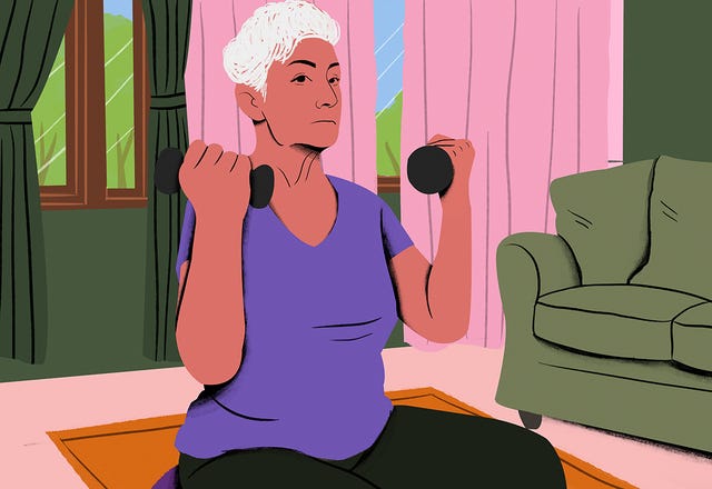 a person exercising with dumbbells in a living room