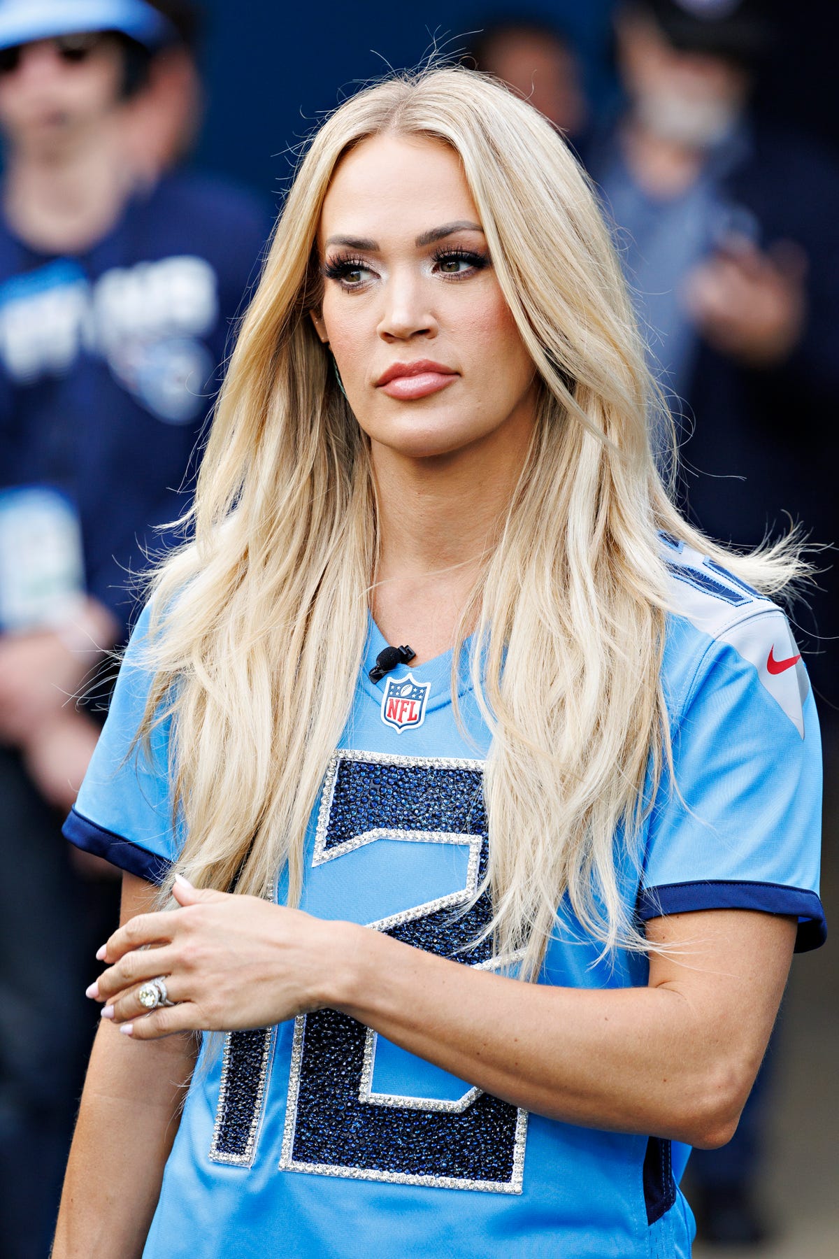 nashville, tennessee november 3: american idol host carrie underwood during a game between the tennessee titans and the new england patriots at nissan stadium on november 3, 2024 in nashville, tennessee. the titans defeated the patriots 20 17. (photo by wesley hitt/getty images)