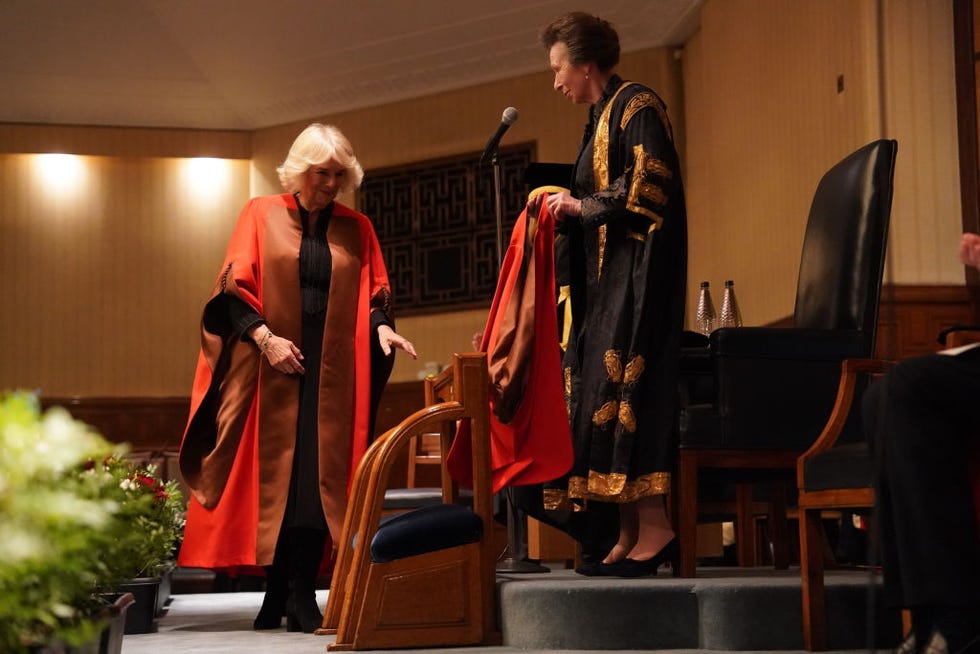 london, england november 20 queen camilla l is presented with an honorary doctorate of literature from the university of london by the universitys chancellor, princess anne, princess royal r, at senate house on november 20, 2024 in london, england photo by arthur edwards wpa poolgetty images