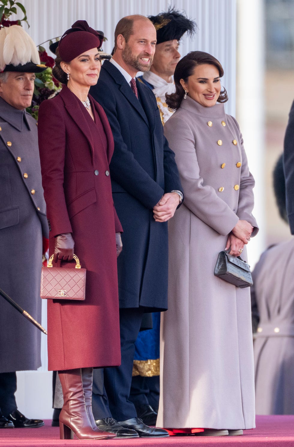 london, england december 3 her highness sheikha jawaher bint hamad bin suhaim al thani r with prince william, prince of wales and catherine, princess of wales during the ceremonial welcome on horseguards parade during day one of the amir of the state of qatars visit to the united kingdom on december 3, 2024 in london, england his highness sheikh tamim bin hamad al thani, amir of the state of qatar, accompanied by her highness sheikha jawaher bint hamad bin suhaim al thani, will hold several engagements with the prince and princess of wales, the king and queen as well as political figures photo by mark cuthbertuk press via getty images