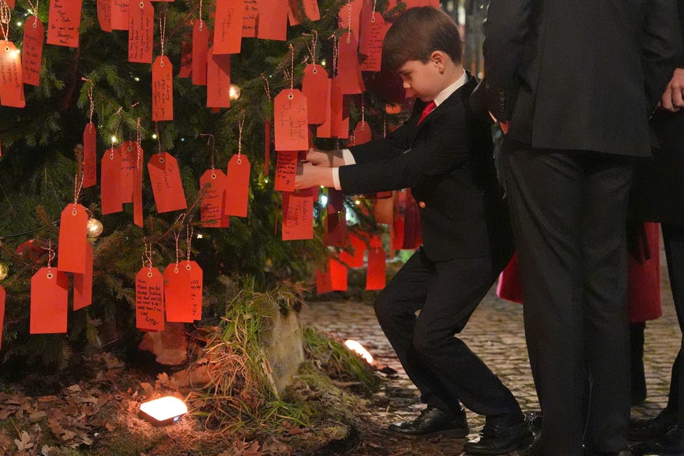 prince louis looks at messages on the kindness tree ahead of the together at christmas carol service at westminster abbey in london picture date friday december 6, 2024 pa photo see pa story royal kate photo credit should read jordan pettittpa wire