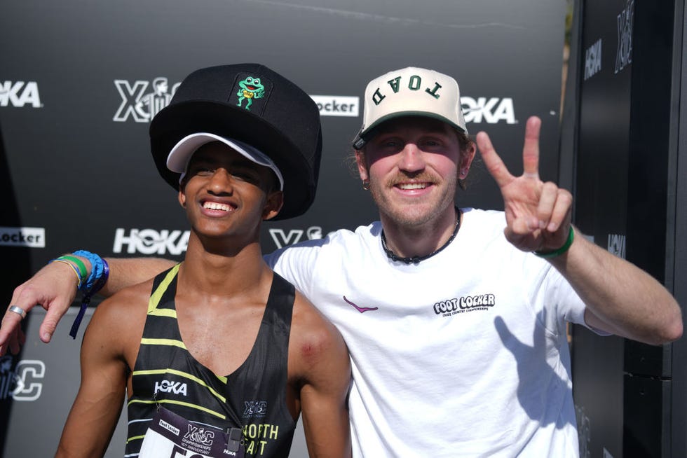 san diego, california december 14: boys winner tamrat gavenas (l) poses with billy cvecko during the foot locker cross country championships on december 14, 2024 in san diego, california. (photo by kirby lee/getty images)