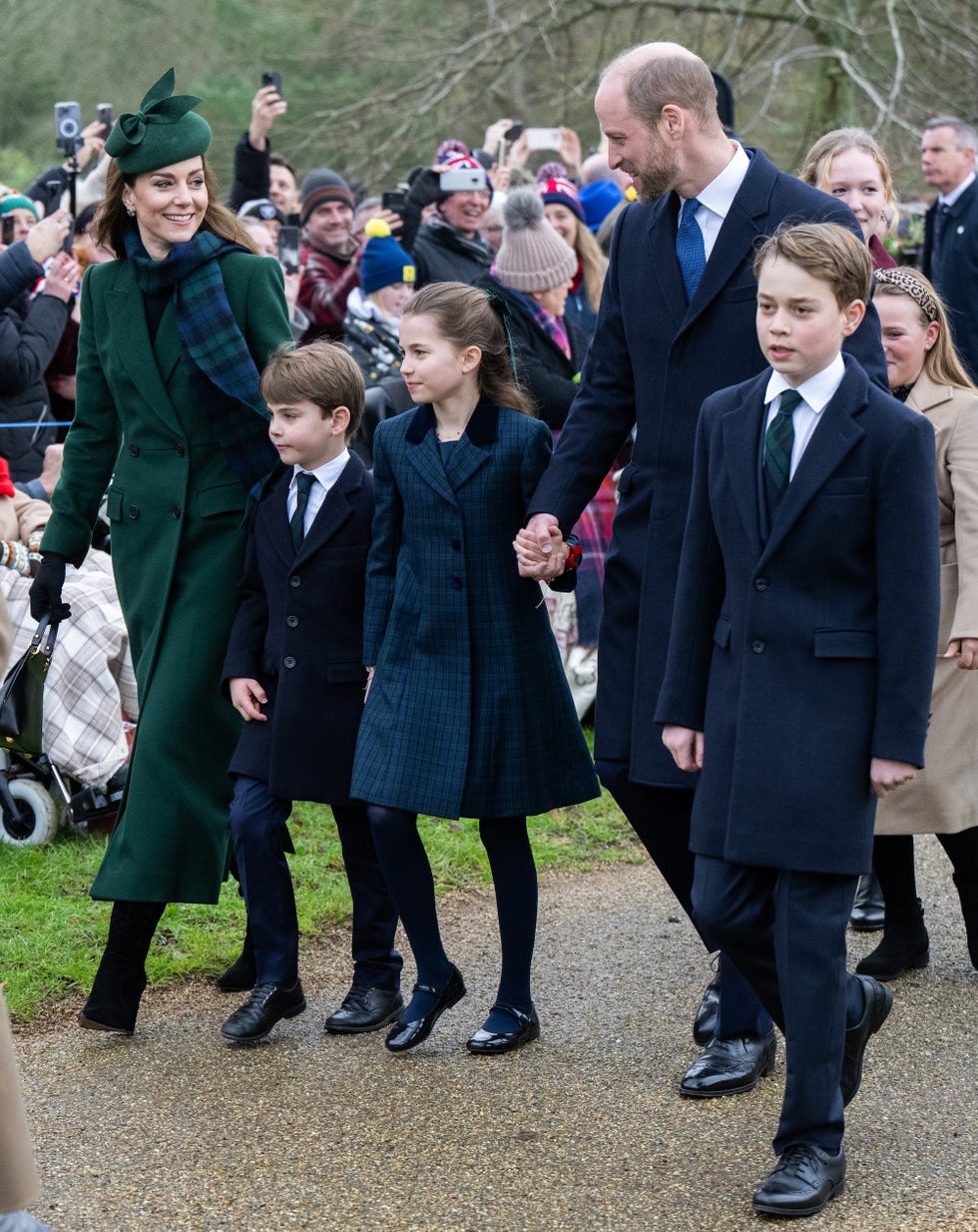 sandringham, norfolk december 25 catherine, princess of walesm prince louis of wales, princess charlotte of wales, prince william, prince of wales and prince george of wales attend the christmas morning service at sandringham church on december 25, 2024 in sandringham, norfolk photo by samir husseinwireimage